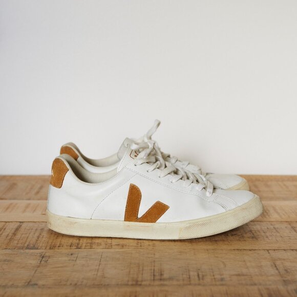 Veja Shoes - Veja Esplar White Leather Shoes | Camel Brown {Size 10}